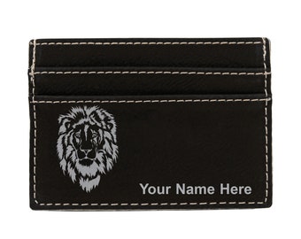 Faux Leather Money Clip Wallet, Lion Head, Personalized Engraving Included