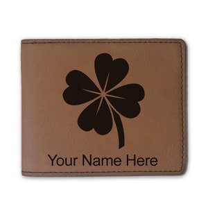 Cartera plegable de piel sintética, trébol de cuatro hojas, grabado personalizado incluido