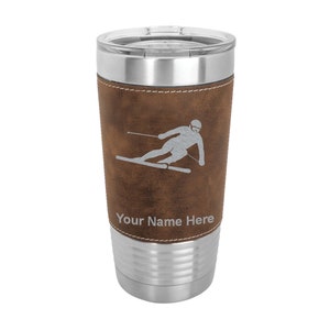 20oz Faux Leather Tumbler, Skier Downhill, Personalized Engraving Included