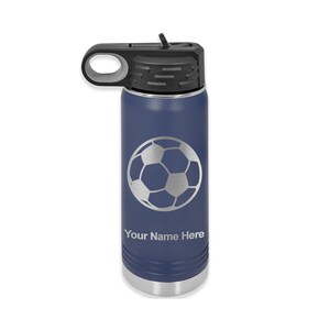 May include: Navy blue stainless steel water bottle with a silver soccer ball design and the text "Your Name Here".