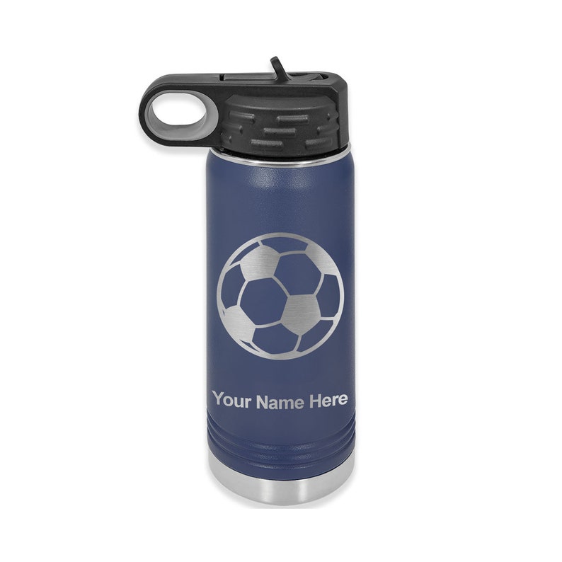 May include: Navy blue stainless steel water bottle with a silver soccer ball design and the text "Your Name Here".