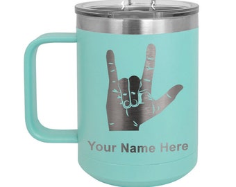 LaserGram 15oz Vacuum Insulated Coffee Mug, Sign Language I Love You, Personalized Engraving Included