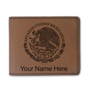 Faux Leather Bi-Fold Wallet, Flag of Mexico, Personalized Engraving Included