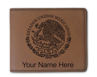 Faux Leather Bi-Fold Wallet, Flag of Mexico, Personalized Engraving Included