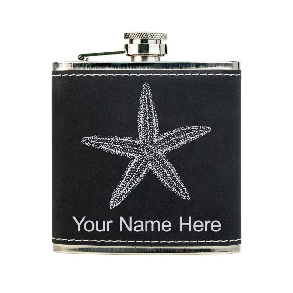 Faux Leather Flask, Starfish, Personalized Engraving Included