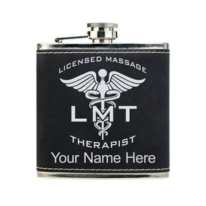 Faux Leather Flask, LMT Licensed Massage Therapist, Personalized Engraving Included