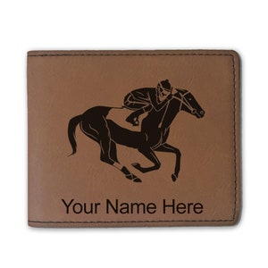 Faux Leather Bi-Fold Wallet, Horse Racing, Personalized Engraving Included