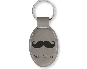 三軒茶屋 US Exclusive Oval Link Key Chain Faux Leather Oval Keychain, Mustache, Personalized Engraving