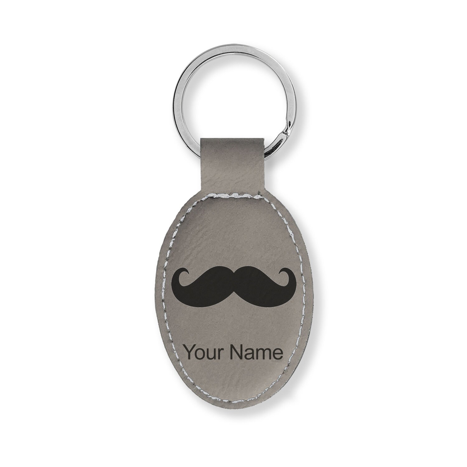 Faux Leather Oval Keychain, Mustache, Personalized Engraving