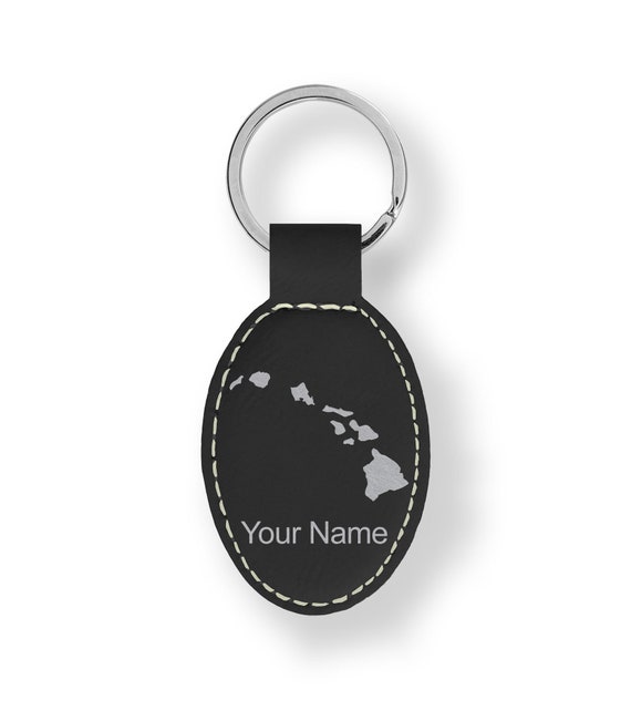Faux Leather Oval Keychain, hawaiian Islands, Personalized