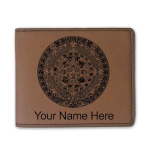 Cartera plegable de cuero sintético, calendario azteca, grabado personalizado incluido
