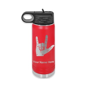 20oz Double Wall Flip Top Water Bottle with Straw, Sign Language I Love You, Personalized Engraving Included