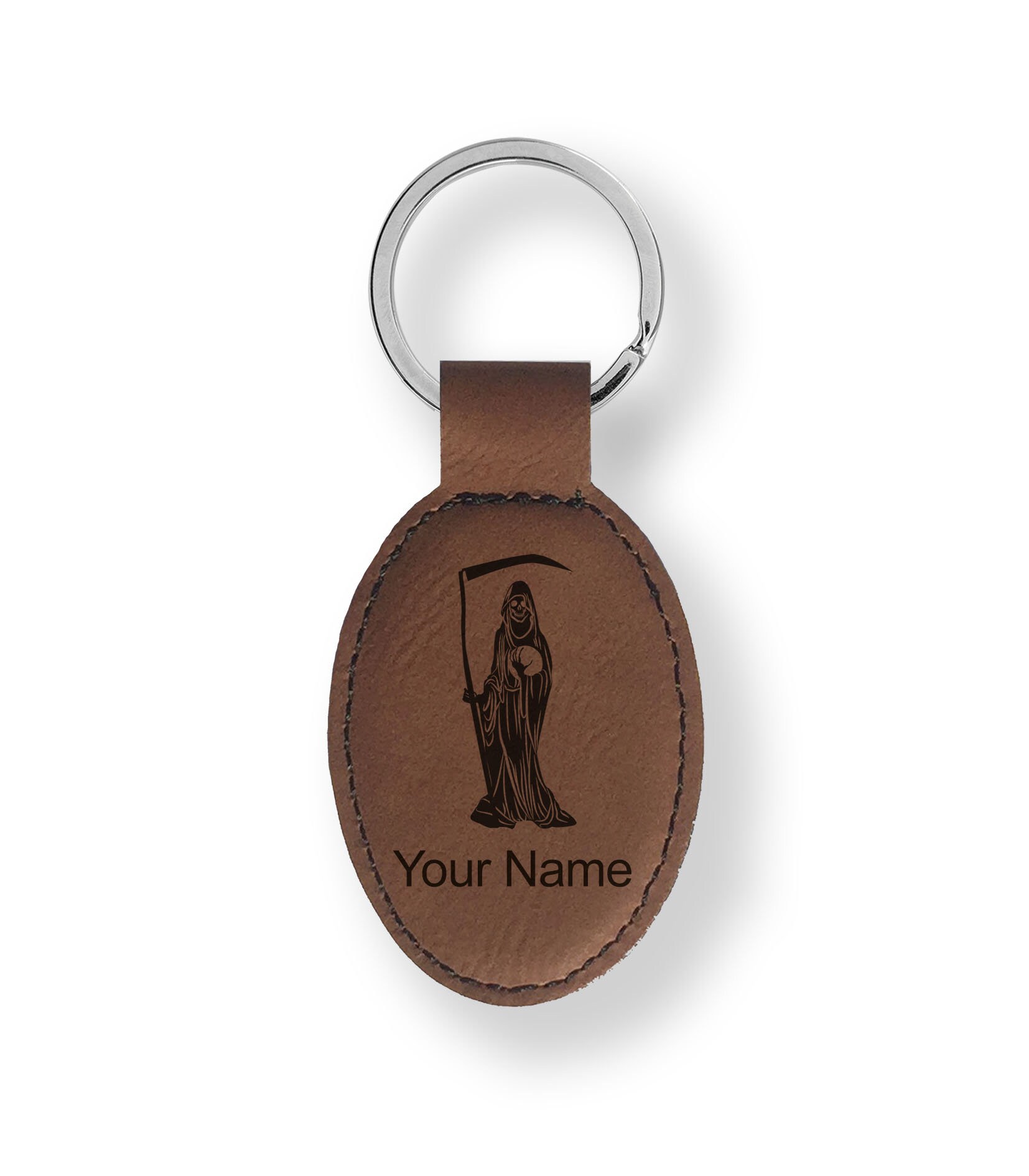 Faux Leather Oval Keychain, santa Muerte, Personalized