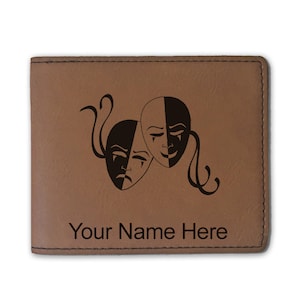 Cartera plegable de cuero sintético, máscaras dramáticas, grabado personalizado incluido