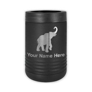 May include: Black stainless steel can cooler with a silver elephant silhouette and the text "Your Name Here".