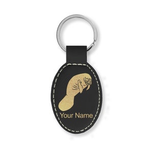 Faux Leather Oval Keychain, Manatee, Personalized Engraving Included