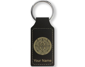 Faux Leather Rectangle Keychain, Aztec Calendar, Personalized Engraving Included