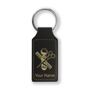 Faux Leather Rectangle Keychain, Barber Shop Pole, Personalized Engraving Included