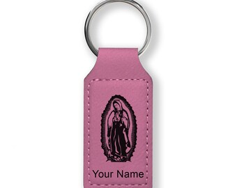 Faux Leather Rectangle Keychain, virgen De Guadalupe