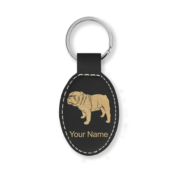 Faux Leather Oval Keychain, Bulldog Dog, Personalized Engraving Included