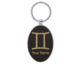 Oval Metal Frame Keychain, Zodiac Sign Gemini, Personalized Engraving Included