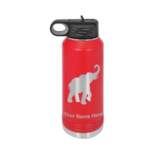 May include: A red water bottle with a black lid and handle. A silver elephant graphic is displayed on the front. The text "Your Name Here" is engraved below the elephant. The bottle is designed to hold approximately 32 ounces.