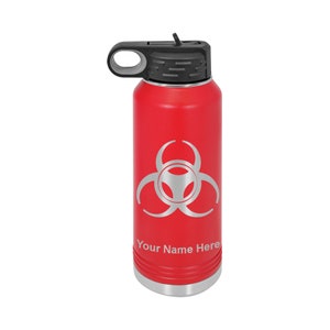 40oz Double Wall Flip Top Water Bottle with Straw, Biohazard Symbol, Personalized Engraving Included