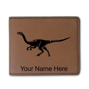 Cartera plegable de piel sintética, dinosaurio Gallimimus, grabado personalizado incluido