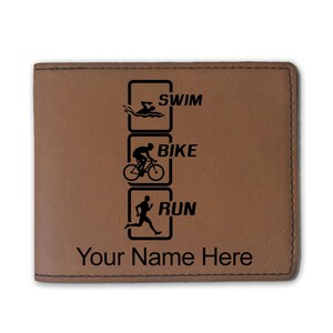 Cartera plegable de cuero sintético, bicicleta de natación Run vertical, grabado personalizado incluido