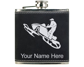 Faux Leather Flask, Snowmobile, Personalized Engraving Included