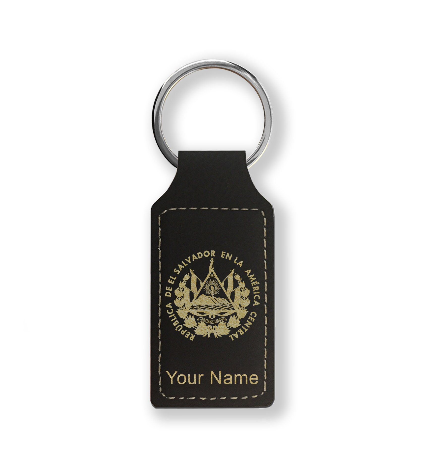 Faux Leather Rectangle Keychain, Flag of El Salvador, Personalized Engraving Included