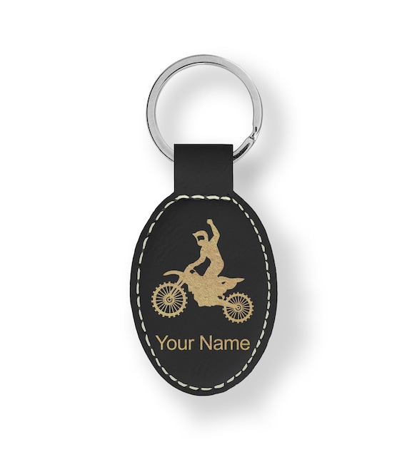 Faux Leather Oval Keychain, motocross, Personalized Engraving