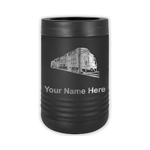 May include: Black stainless steel can cooler with a silver engraved image of a train and the text "Your Name Here".