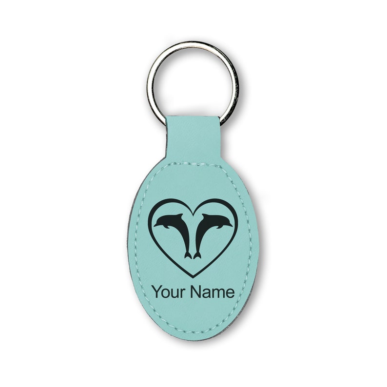 Faux Leather Oval Keychain Personalized Engraving Included Dolphin Heart