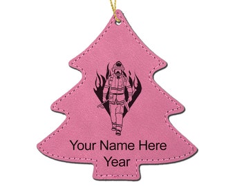 LaserGram Faux Leather Tree Shape Christmas Ornament,  Fireman, Personalized Engraving Included