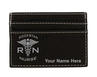 Faux Leather Money Clip Wallet, RN Rockstar Nurse, Personalized Engraving Included