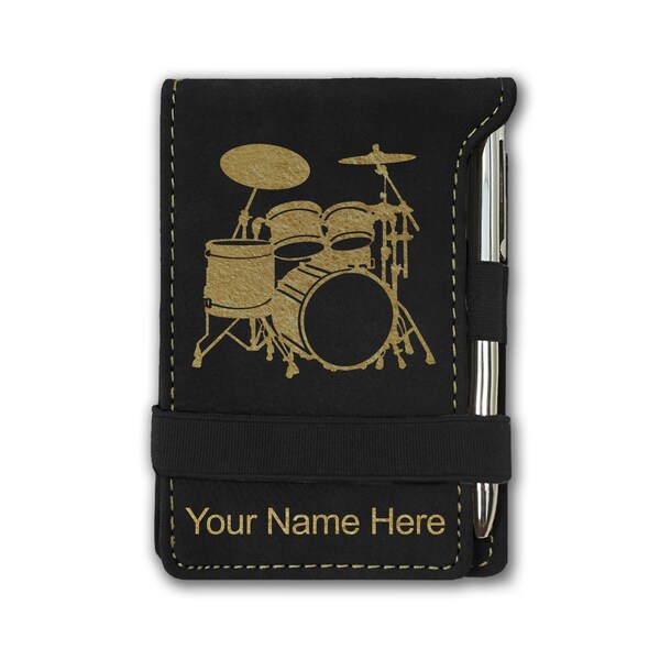 Faux Leather Mini Notepad, Drum Set, Personalized Engraving Included