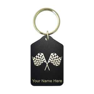 Black Metal Keychain, Racing Flags, Personalized Engraving Included