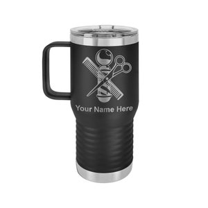 LaserGram 20oz Vacuum Insulated Coffee Mug With Handle, Barber Shop Pole, Personalized Engraving Included