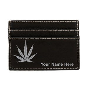 Monedero de cuero sintético Money Clip, hoja de marihuana, grabado personalizado incluido
