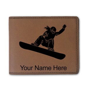 Cartera plegable de cuero sintético, mujer snowboarder, grabado personalizado incluido