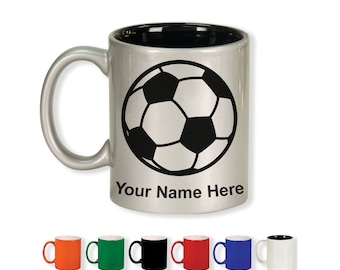 11oz Round Ceramic Coffee Mug, Soccer Ball, Personalized Engraving Included