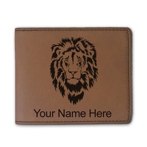 Cartera plegable de cuero sintético, cabeza de león, grabado personalizado incluido