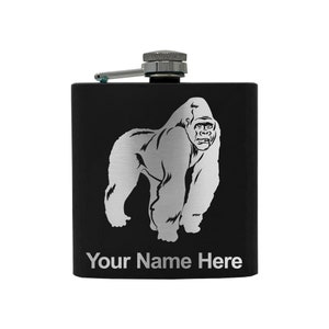 May include: Black flask with a silver gorilla graphic and the text "Your Name Here".
