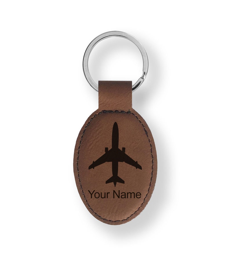 Faux Leather Oval Keychain,\u00a0Jet Airplane Personalized Engraving Included