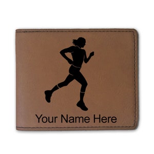 Cartera plegable de cuero sintético, mujer corriendo, grabado personalizado incluido