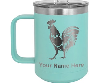 LaserGram 15oz Vacuum Insulated Coffee Mug, Rooster, Personalized Engraving Included