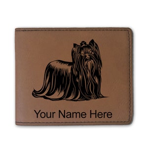 Cartera plegable de cuero sintético, perro Yorkshire Terrier, grabado personalizado incluido