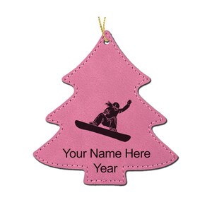 LaserGram Faux Leather Tree Shape Christmas Ornament, Snowboarder Woman, Personalized Engraving Included