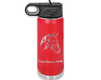 20oz Double Wall Flip Top Water Bottle with Straw, Horse Head 2, Personalized Engraving Included